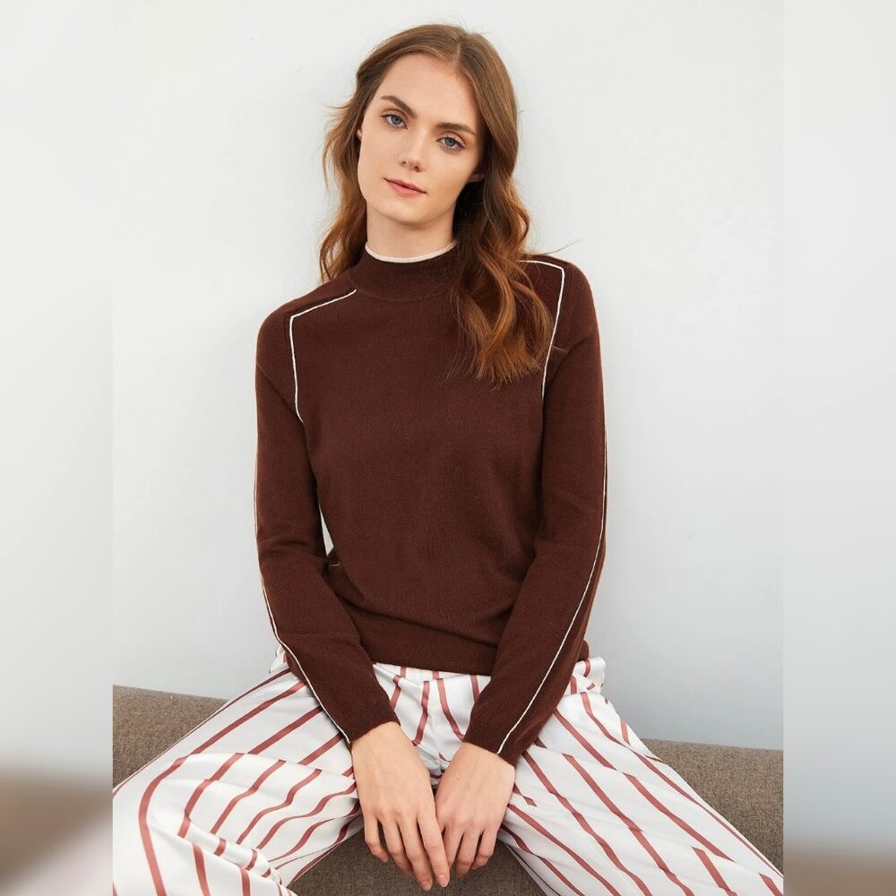 MOTF Brown Wool Mix Sweater with White Trim